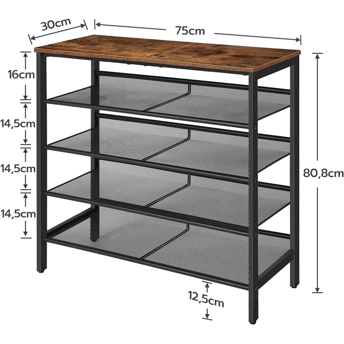 Полиця для взуття HOOBRO, 4 полиці для взуття, тумба для взуття, регульована полиця з металевої сітки, місткий верх, на 12-15 пар взуття, передпокій, коридор, промисловий, вінтажний коричнево-чорний EBF42XJ01 (темно-коричневий чорний, 75 х 30 х 81 см)