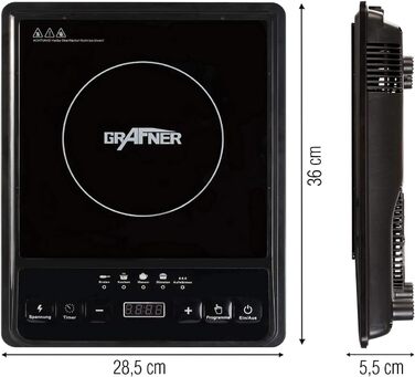 Індукційна конфорка Grafner 2000 Вт, LED-дисплей, таймер на 180 хвилин, софт-тач, цифровий, 5 програм, варильна поверхня індукційна одноварильна поверхня
