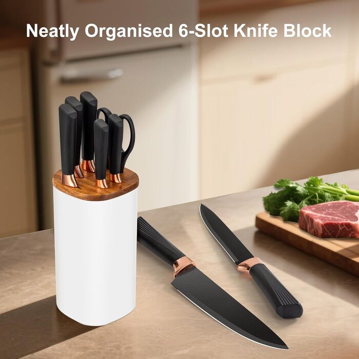 Набір ножів Makfoner 6 шт. з знімним бруском: кухонні ножі Сантоку, для хліба, кухонні, для чищення, універсальні, ножиці, з нержавіючої сталі, білий