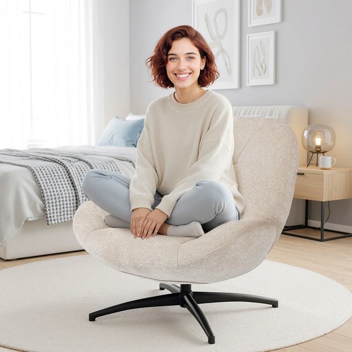 Обертовий м'який стілець, акцентний стілець з наповнювачем з ПП-бавовни, тканинне покриття, сталеве підстав'я, кремово-білий