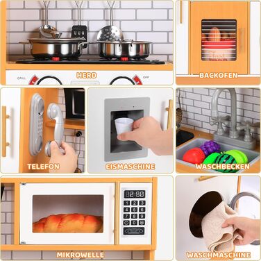 Дерев'яна дитяча кухня MAMIZO з підсвіткою та звуком, 82x80x25 см. Комплект аксесуарів, іграшка для дітей від 3 років, білий колір (біле дерево)