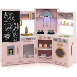 Дерев'яна дитяча кухня COSTWAY з підсвічуванням та звуком, кутова кухня з дошками, мікрохвильовою піччю, раковиною, духовкою та місцем для зберігання, з аксесуарами, іграшкова кухня для дітей від 3 років (білий/рожевий)