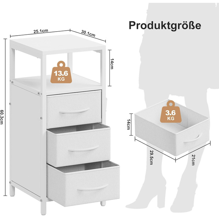 Нічний столик з підзарядкою та LED-підсвіткою, білий, 25x30x60 см, з 3 висувними ящиками, полицею та USB/Type-C портами