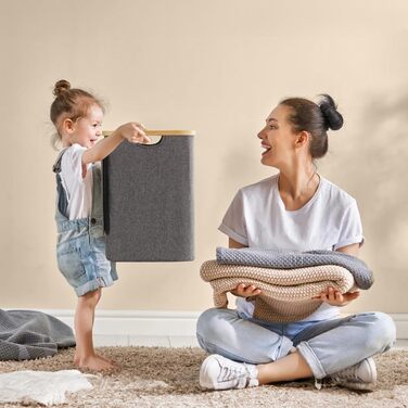 Кошик для білизни Rieeyrslza з кришкою, 158 л, бамбук, 2 знімні мішки для білизни, Oxford, складний, сортувальник, для ковдр та одягу (сірий)