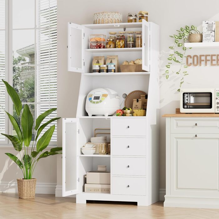 Кухонна шафа HOCSOK 163 см з робочою поверхнею, буфет, шафа для зберігання продуктів, 3 дверцята та 4 висувні ящики, висока шафа для кухні, вітальні, їдальні, бару, білий колір