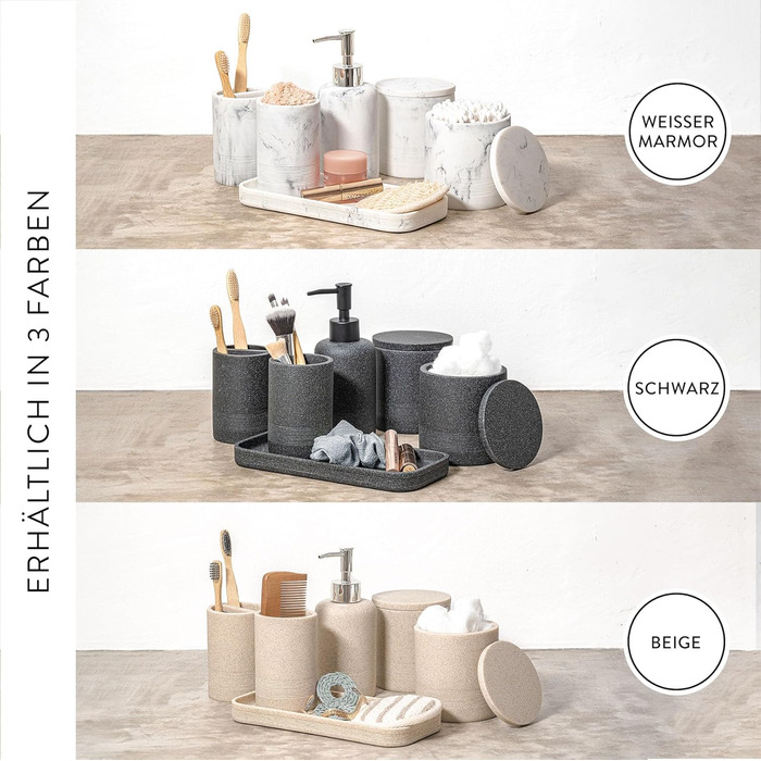 Набір для ванної кімнати ZCCZ 6 предметів: органайзер для зубних щіток, дозатор мила, миска для косметики та ватних паличок. Елегантний декор у мармуровій стилістиці, чорний колір для сучасного інтер'єру.