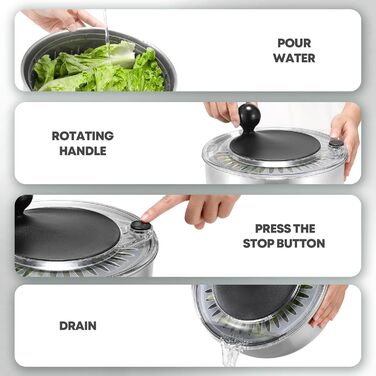 Салатниця-центрифуга 5L з нержавіючої сталі, чорна, з кнопкою стоп, BPA-Free, з прозорою кришкою та дренажним отвором, з протиковзким дном, придатна для миття в посудомийній машині