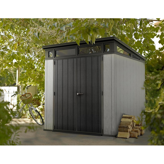 Сарай садовий Keter Artisan 7x7 з підлогою, похилим дахом, подвійними дверями та вікном, 214x218x226 см, 8.3 м³, сірий - для зберігання на вулиці