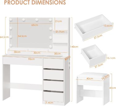 Трюмо з LED-підсвічуванням та пуфом ANWBROAD BDT74W, з дзеркалом, розетками та 5 шухлядами, сучасний білий колір