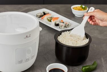 Рисварка Yum Asia Tsuki Mini з керамічною чашею Shinsei (2,5 чашки, 0,45 л), 5 функцій приготування рису, 2 функції мультиварки, LED-дисплей, 220–240V (Білий)