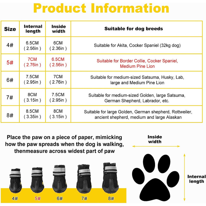 Взуття для собак Faankiton з 4 предметів захист лап, водонепроникне взуття для собак з нековзною підошвою і світловідбиваючим ремінцем для собак середнього і великого розміру (5 (Д * Ш) 7,0 см (2,76 дюйма)*6,5 см (2,56 дюйма))