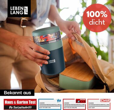 Кружка для мюслі LEBENLANG To Go з ложкою - ізолююча, з нержавіючої сталі, 650 мл. Ідеально для мюслі, йогурту, каші на винос для дітей та дорослих (Блакитна)