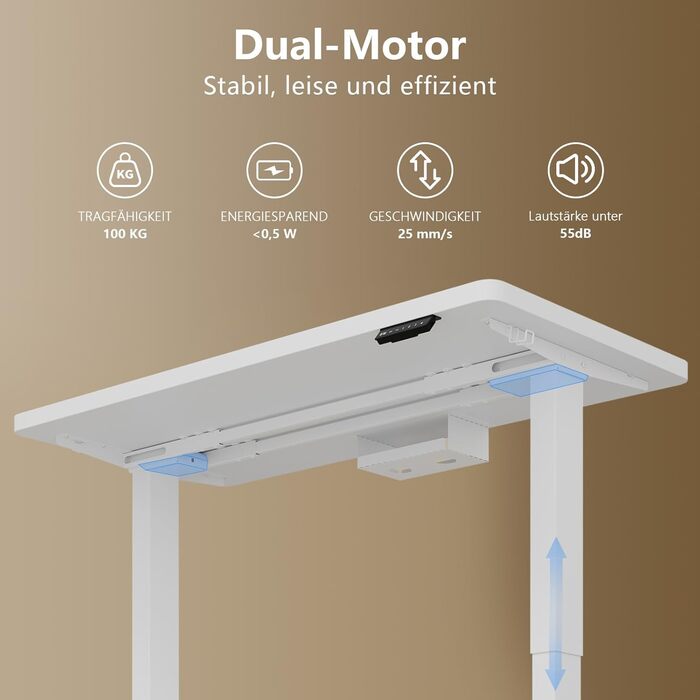 Регульований стіл, 160x80 см, електричний стоячий стіл з подвійним мотором, сенсорна панель, USB-A, кабель-менеджмент, стільниця 25 мм, ергономічний офісний стіл, білий