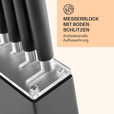 Набір ножів Klarstein Kitano, 8 предметів, з підставкою, преміум-якість, нержавіюча сталь, дерев'яна підставка, чорно-срібний