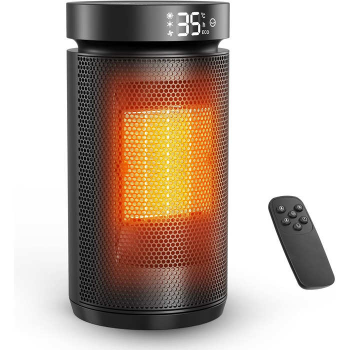 Електричний обігрівач 1500W з PTC керамічним нагрівачем, тихий (34 dB), з термостатом, таймером (12 год) та захистом від перегріву та перекидання. З пультом керування, чорний.