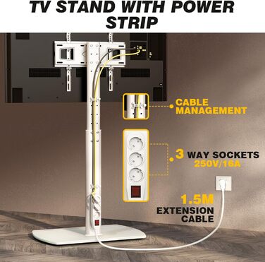 Підставка для телевізора біла, на підлогу, для 32-65 дюймів, до 35 кг, регульована висота, поворотна, VESA 400x400 мм