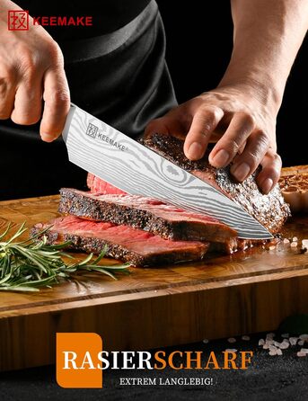 KEEMAKE Ніж кухарський 20см, професійний ніж для кухні з нержавіючої сталі з захистом леза, гострий ніж шеф-кухаря для м'яса, овочів, риби