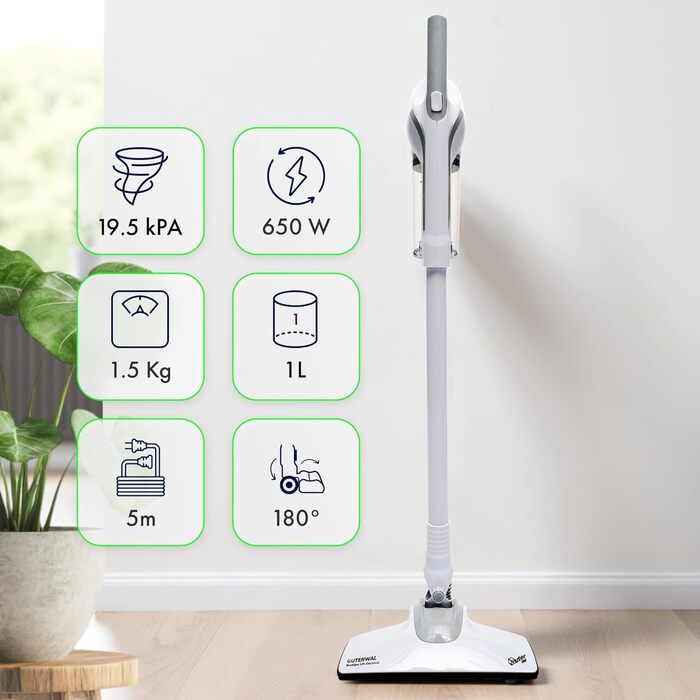 Пилсос GuterWal S14: 19,5 kPa, 1,7 кг, 1 л контейнер, 650 Вт, 5 м кабель. Ручний та підлоговий пилосос для дерева, плитки та килима