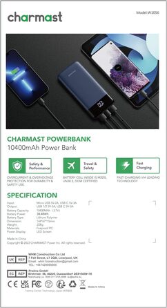 Дисплей, сумісний з iPhone, Samsung, Huawei (синій), 10400mAh USB C, LED-