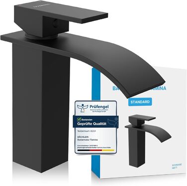 Змішувач для ванної кімнати Bächlein Tamina з водоспадним дизайном, однорідний, з довговічною керамічною картриджі та монтажним комплектом, чорний мат