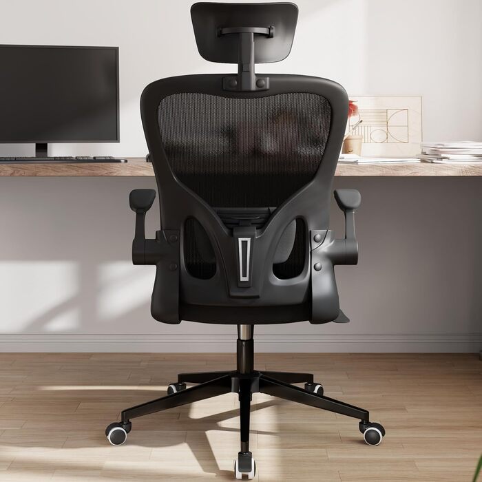 Офісний крісло Monhey з регулюванням висоти, поворотне, з відкидними підлокітниками, дихаюча сітка, регульована підголовник та інтелектуальна підтримка попереку – для дому та офісу (чорний)