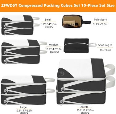 Набір компресійних органайзерів для подорожей Packwürfel, 10 предметів, чорні сумки-пакувальники для економії місця у валізі