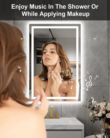 Дзеркало для ванної кімнати Habison з підсвічуванням LED, 50x70 см, сенсорне керування, димування, 3 колірні температури, функція пам'яті, проти запотівання, Bluetooth, матова центральна частина