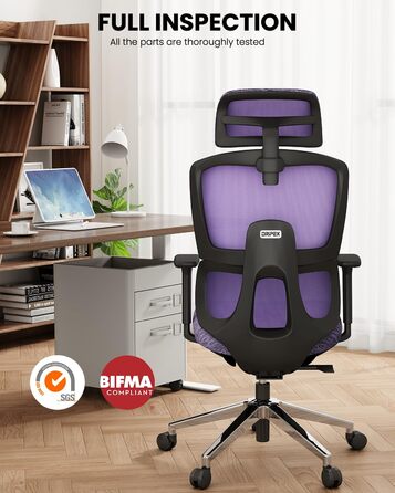 Офісне крісло Dripex, сітчасте, регульоване, 2D-поперекова опора, фіолетове, 3D-підлокітник