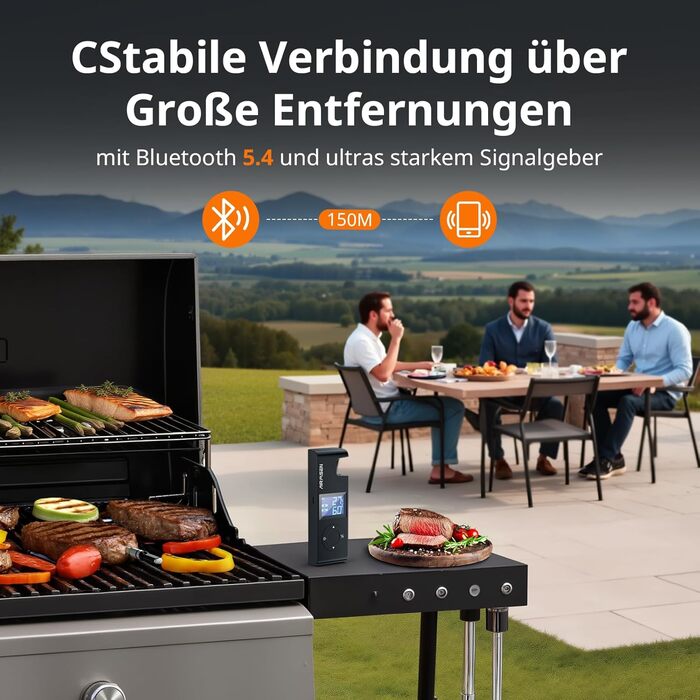 Бездротовий термометр для м'яса AIRMSEN з акумулятором 1000mAh, Bluetooth, LCD-дисплей, дальність 150м, керування через додаток, для приготування на грилі та барбекю, чорний