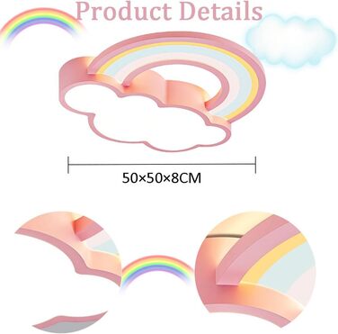 Світлодіодний стельовий світильник KZT з регулюванням яскравості з дистанційним керуванням, Clouds Rainbow Design для дитячої кімнати, рожевий