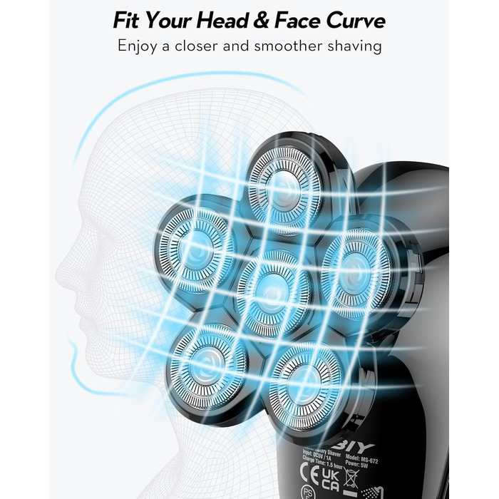 В-1 світлодіодна бритва Bald Shaver, 6 бриючих головок, IPX7, тип C, чорний, 5-