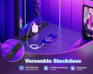 Ігровий стіл Coleshome L-подібної форми з LED-підсвічуванням та розетками, 115 × 80 см. Реверсивний стіл з полицями для зберігання, чорний. Підходить для home office та геймінгу.