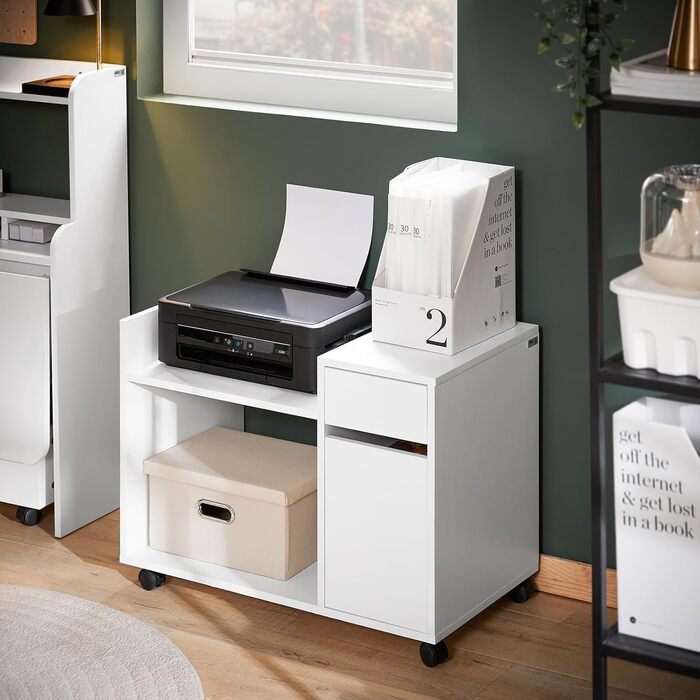 Роликовий контейнер SoBuy з шухлядою та дверцятами: друкарський столик, офісний шафчик, підставка під документи, білий 72x54x40 см, ASK02-W