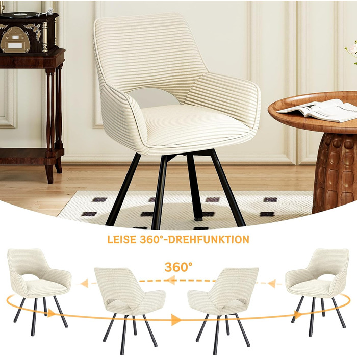 Набір обідніх стільців 4 шт. з поворотним механізмом 360°, стільці з підлокітниками на металевих ніжках, підходять для обідньої кімнати, м'які стільці з велюру, бежевого кольору