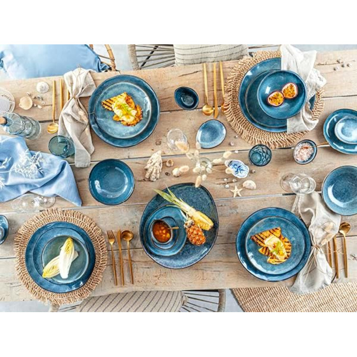 Набір посуду SINGER Darwin 12шт фаянсовий набір на 4 персони набір тарілок синього кольору, включаючи обідню тарілку, десертну тарілку та глибокі тарілки, столовий посуд, набір посуду ручної роботи (миска для подачі)