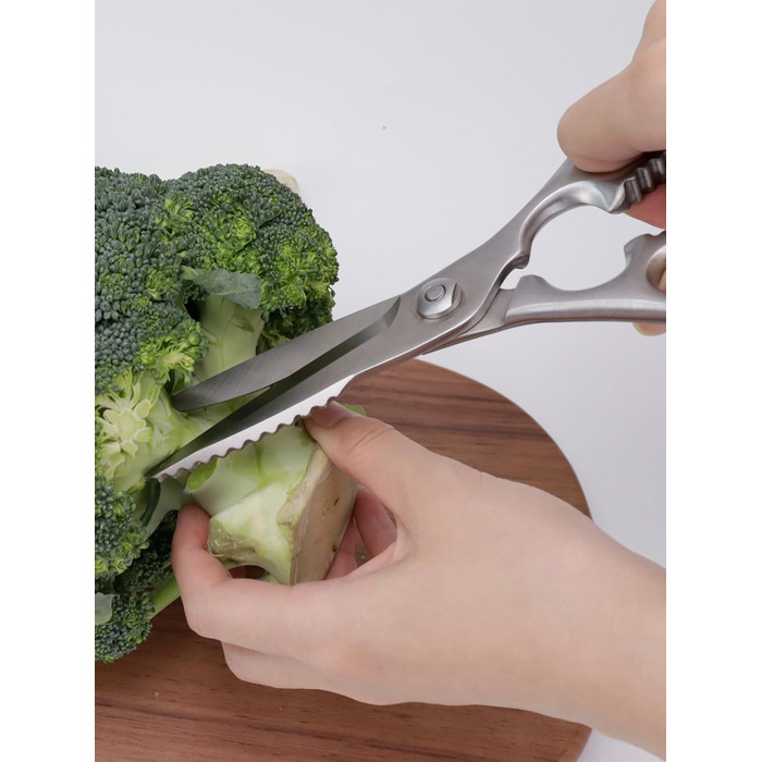 Кухонні ножиці важкі – з нержавіючої сталі 3Cr14, міцні для м'яса, птиці та овочів, з відкривачем пляшок, придатні для миття в посудомийній машині, 22,8 см, 5 років гарантії, сріблястого кольору