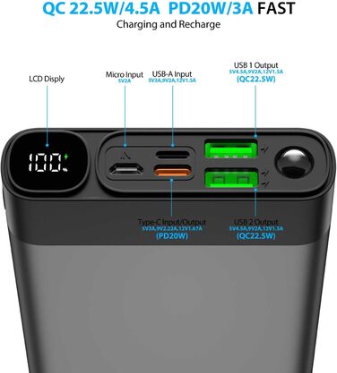 Виходи/входи, QC 3.0, 22,5 Вт PD, USB-C, зарядний пристрій для мобільних телефонів та ігрових консолей, 26800mAh, 3