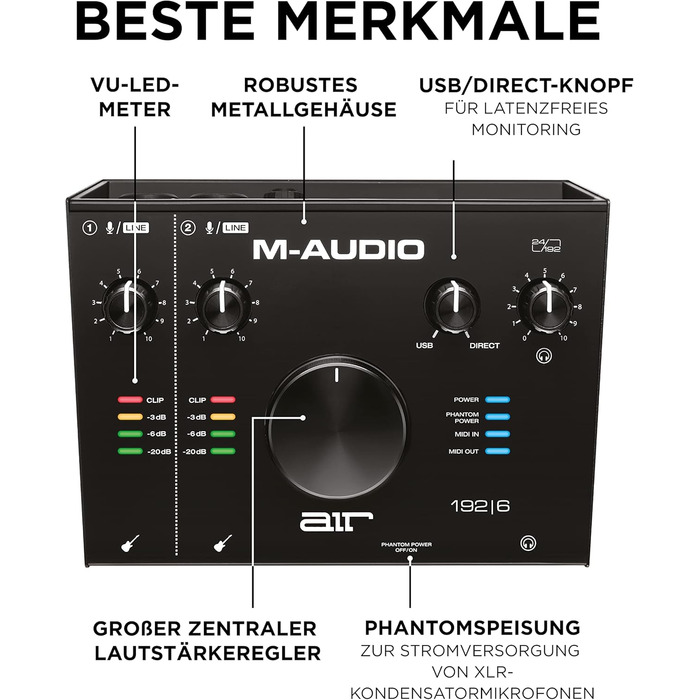 M-Audio Air 192|6: USB аудіоінтерфейс для запису в студійній якості з 2 XLR/Line входами та програмним забезпеченням AIR 192|6 (Чорний)