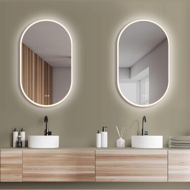 Дзеркало для ванної кімнати HOKO круглої форми 80см з підсвічуванням, антизапарюванням, рамкою, сенсорним вимикачем, пам'яттю та регулюванням світла (2700-6500K) - тепле, холодне, нейтральне світло (90x50 см, золотий овал)