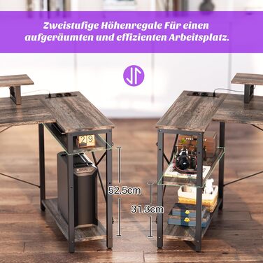 Кутовий ігровий стіл L-подібний з LED-підсвіткою та розетками, комп'ютерний стіл з полицями, обертовий, з підставкою для монітора, 120 x 70 см, дуб Грау Ейх