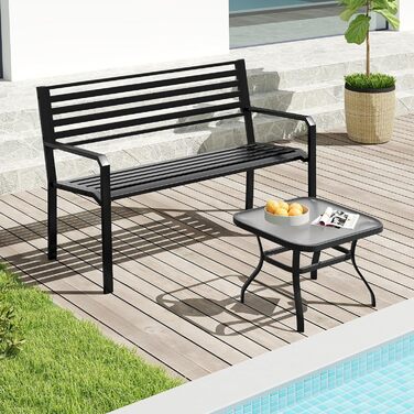 Металева лавка для саду COSTWAY: міцна, вологостійка, на 2 особи з підлокітниками та спинкою. Максимальне навантаження 300 кг. Ідеально для саду, тераси, балкону (127x56x82 см)