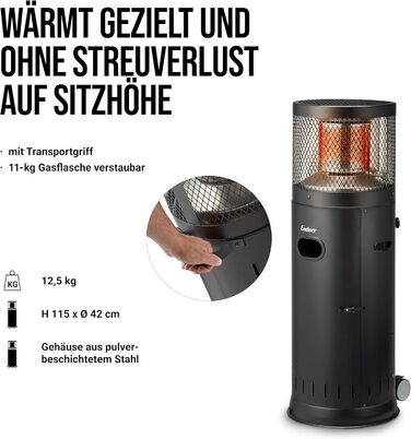 Газовий терасної обігрівач Enders Polo Black 2.0 з регулюванням 3-6 кВт, нержавіюча сталь, ENDUR Reflexionssystem, транспортні колеса, захист від перекидання, чорний