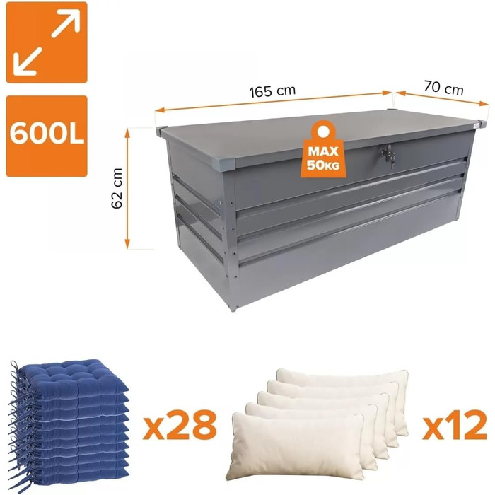 Водонепроникна садова скриня Grindi Morus 600л для подушок, інструментів, вуличний ящик для зберігання на балкон, терасу, в гараж (Сірий)