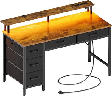 Комп'ютерний стіл Seventable з розетками та LED-підсвічуванням, 100 см, ігровий, 5 шухляд, з підставкою для монітора, для офісу, кабінету, спальні, вітальні (Вінтаж-коричневий, 140 см)