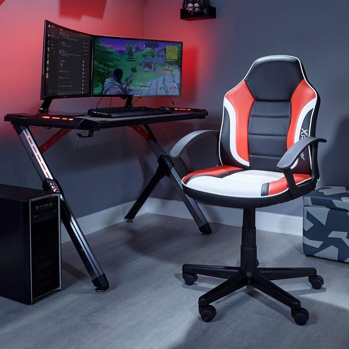 Ігрове крісло X-Rocker Saturn Esport з центральними спинками для юніорів та підлітків, компактне зручне поворотне крісло для ПК, штучна шкіра, чорний/червоний/сірий/білий, універсальний