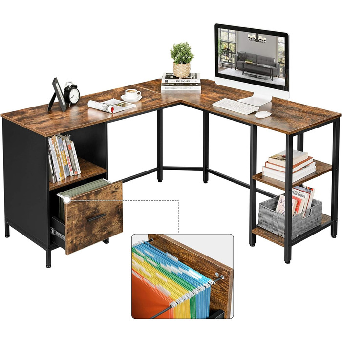 Письмовий стіл, L-подібний комп'ютерний стіл, офісний стіл з шафою та підвісною подачею, 2 полиці, домашній офіс, економія місця, легка збірка, промисловий дизайн, вінтажний коричнево-чорний LWD75X