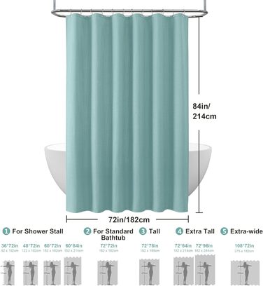 Шторка для душу з льону з металевими кільцями, тканинна, текстильна, для ванни, антигрибкова, водонепроникна, важка, для ванної кімнати, 182 x 182 см (Морська синя) (Вафля - Турквіс, H214 x B182 см (1 шт))