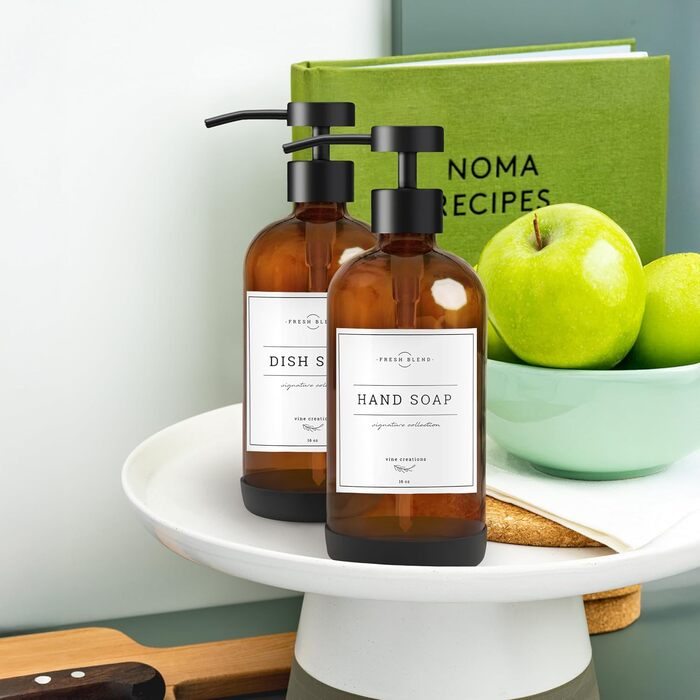 Набір дозаторів для мила на кухню та у ванну кімнату, 2 шт. з нержавіючою сталею, скляні флакони 475 мл, з водонепроникними етикетками