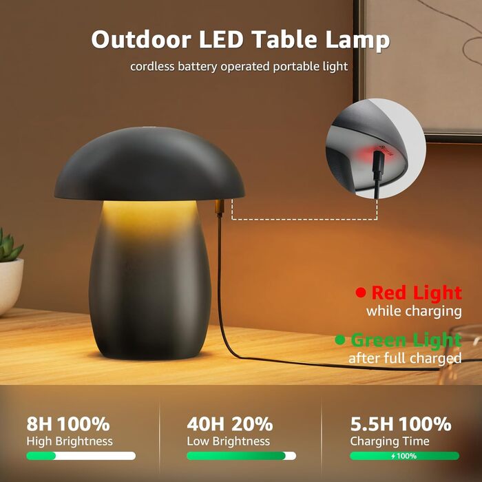FUYO Pilz Lampe Kabellos: Бездротова лампа-гриб з торшером, сенсорне керування, регулювання яскравості та функція пам'яті, сучасний дизайн для спальні, вітальні та кемпінгу, елегантний чорний колір