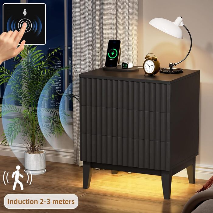 LED тумбочка Gurexl з зарядкою та 3 шухлядами, дерев'яна, з USB та Type-C, з датчиком руху, для спальні, вітальні, офісу, чорна